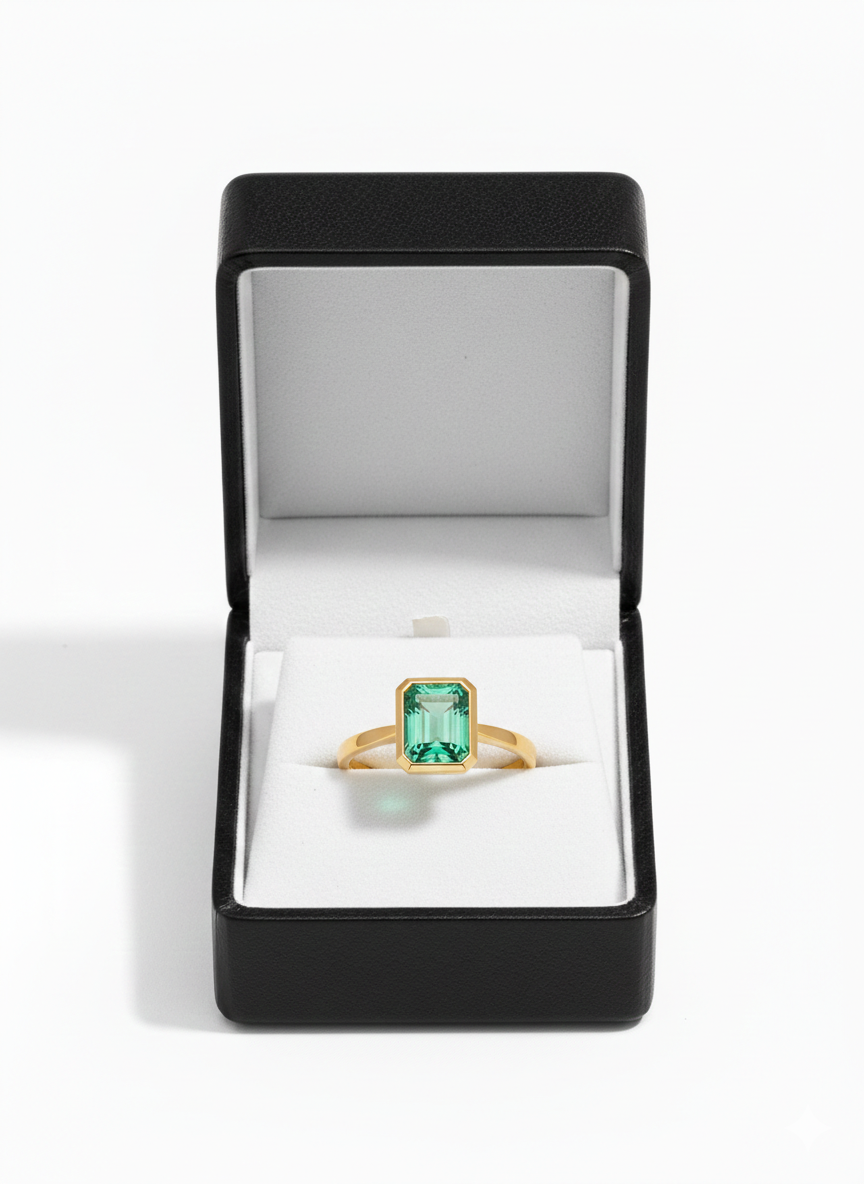 Ring with emerald, gold and diamond 18 carat